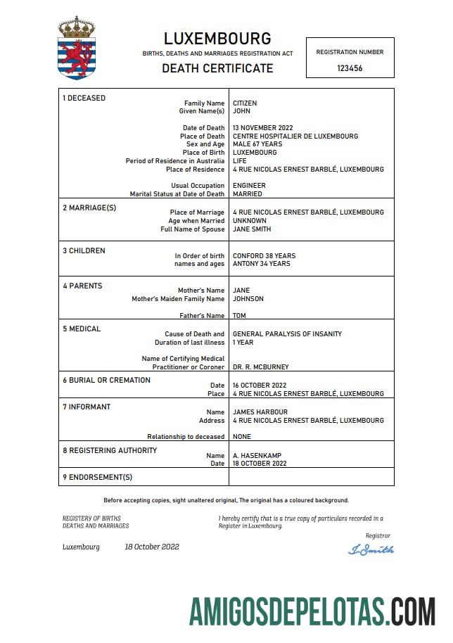 Em branco modelo Word e PDF de certidão de óbito de Luxemburgo